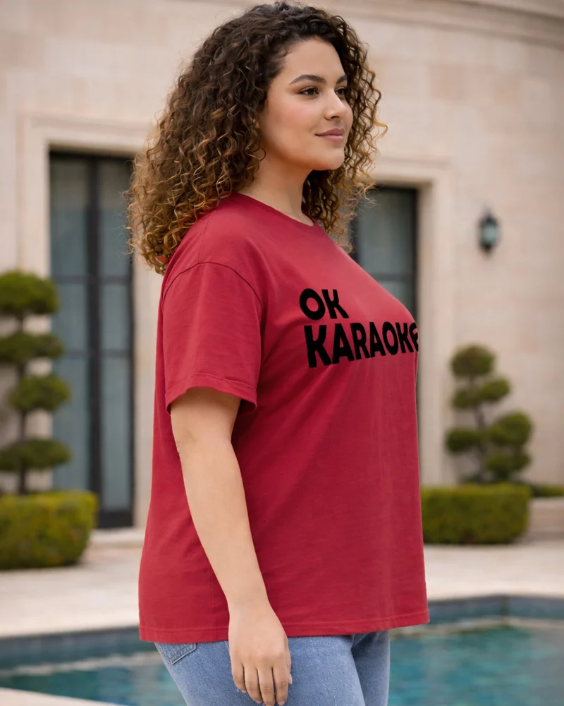 bewakoof Women's Bold Red Ok Karaoke Typography Boyfriend Plus Size T-shirt